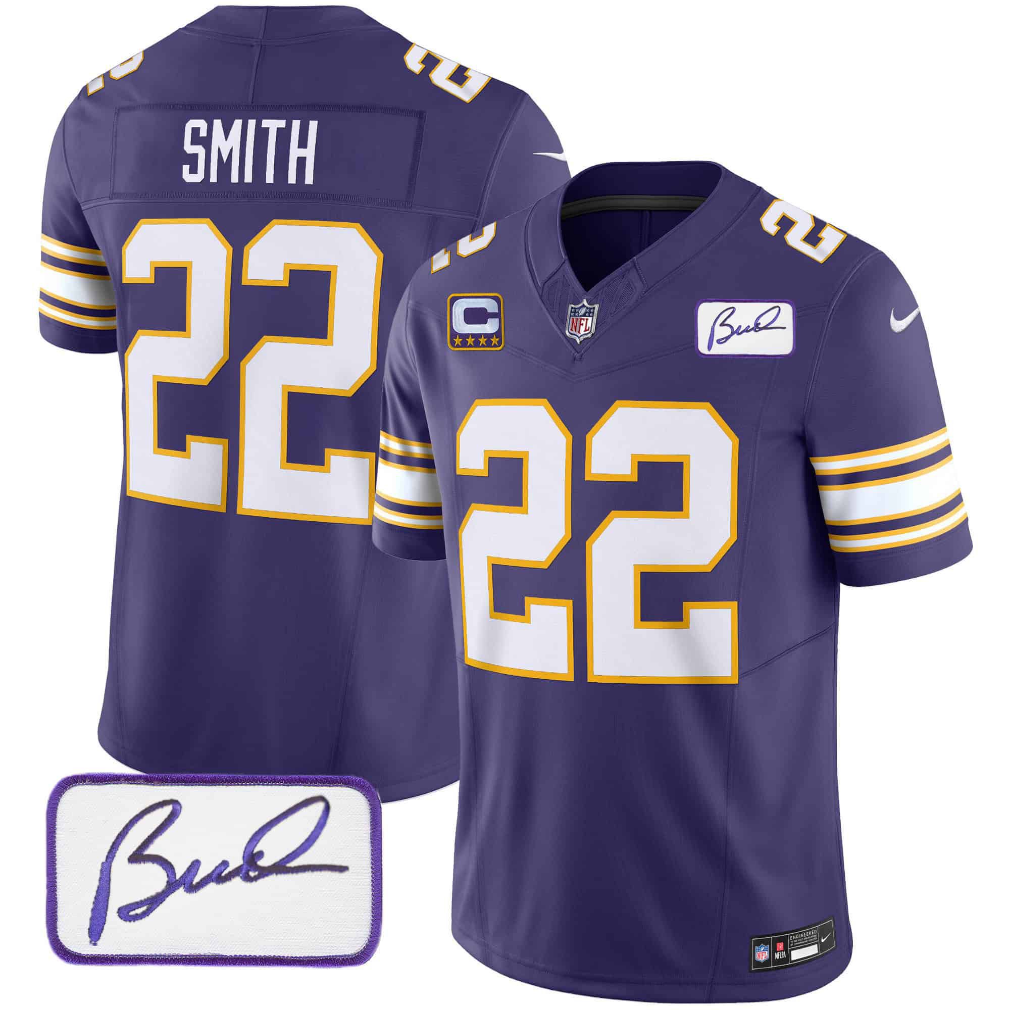 Men Minnesota Vikings #22 Smith Purple 2024 Nike Bud Grant Patch Classic Limited NFL Jersey style 1